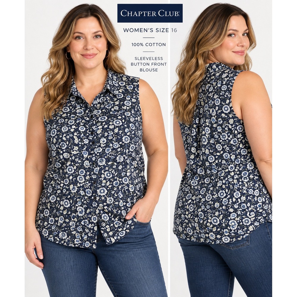Charter Club Womens Size 16 Blue Floral 100% Cotton Sleeveless Button Blouse